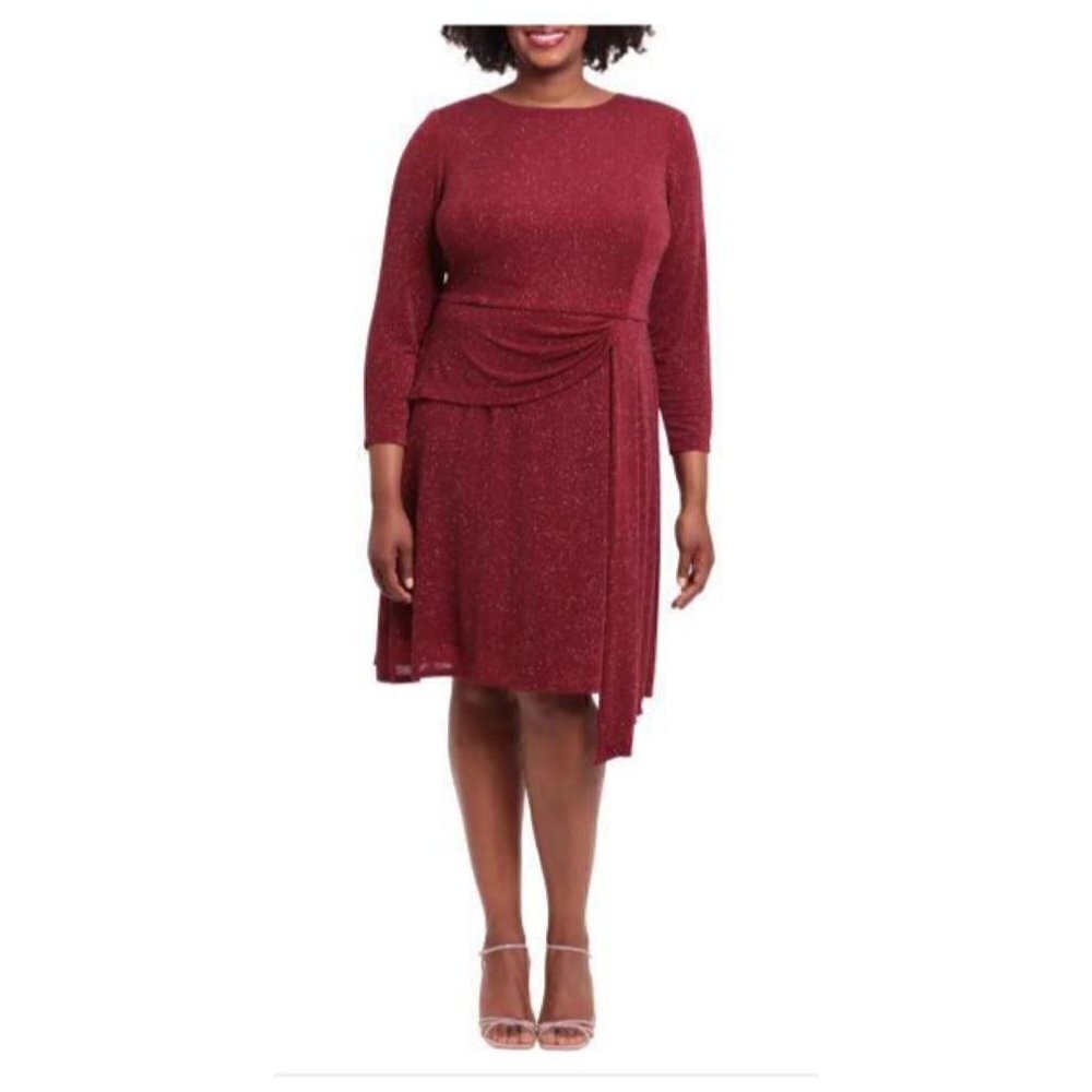 London Times Womens Red Metallic Long Sleeve Cocktail Dress Plus Sz 18W New